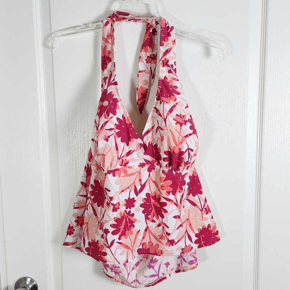 NWT Merona Pink and Coral Floral Halter Swim Top